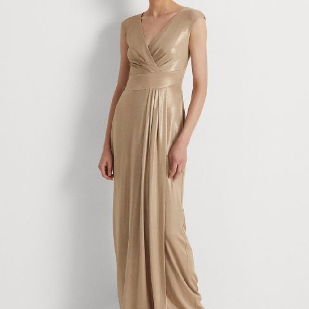Lauren Ralph Lauren Foil-Print Gold Surplice Long Gown Size 16 NWT